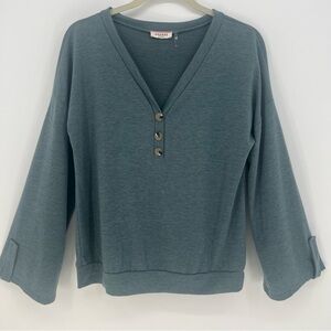 Andree By Unit Top Womens Heathered Teal Throw On & Go Long Sleeve V-Neck Soft